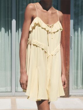 Zara Collection butter yellow ruffle mini dress tie front flowy flouncy